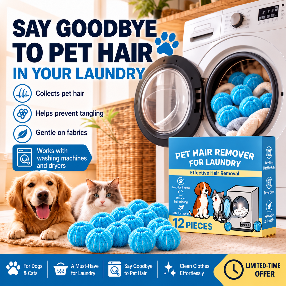 Say Goodbye to Pet Hair – Reusable Laundry Balls, 12 -Pack