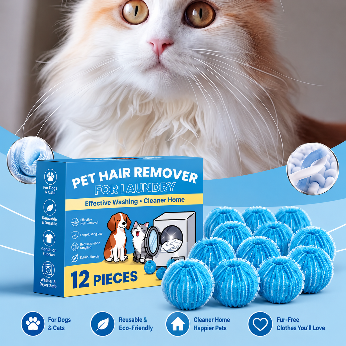 Say Goodbye to Pet Hair – Reusable Laundry Balls, 12 -Pack